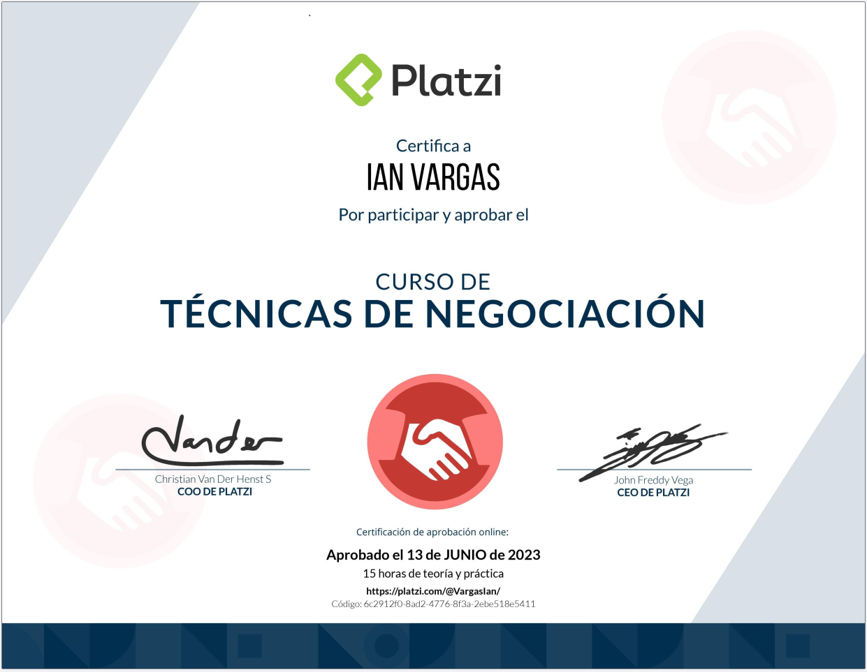 Certificado de Técnicas de Negociación Ian Vargas Corredor Inmobiliario