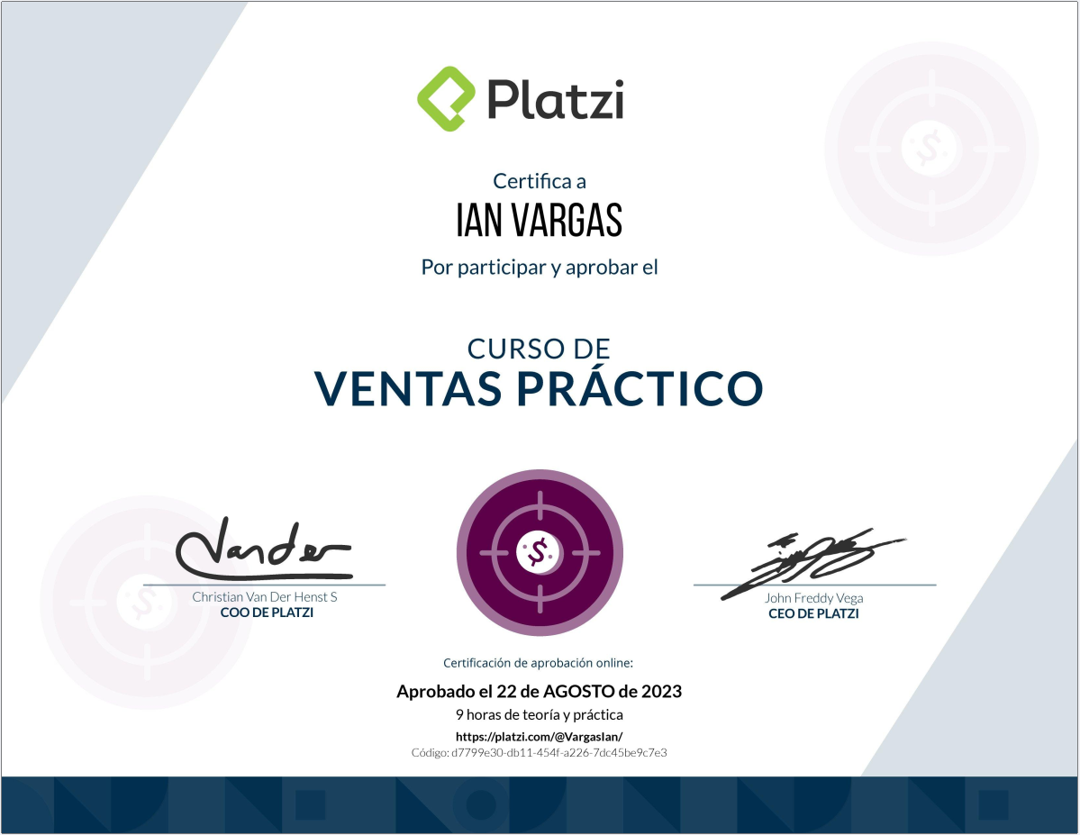 Certificado de Ventas Práctico Ian Vargas Asesor Inmobiliario