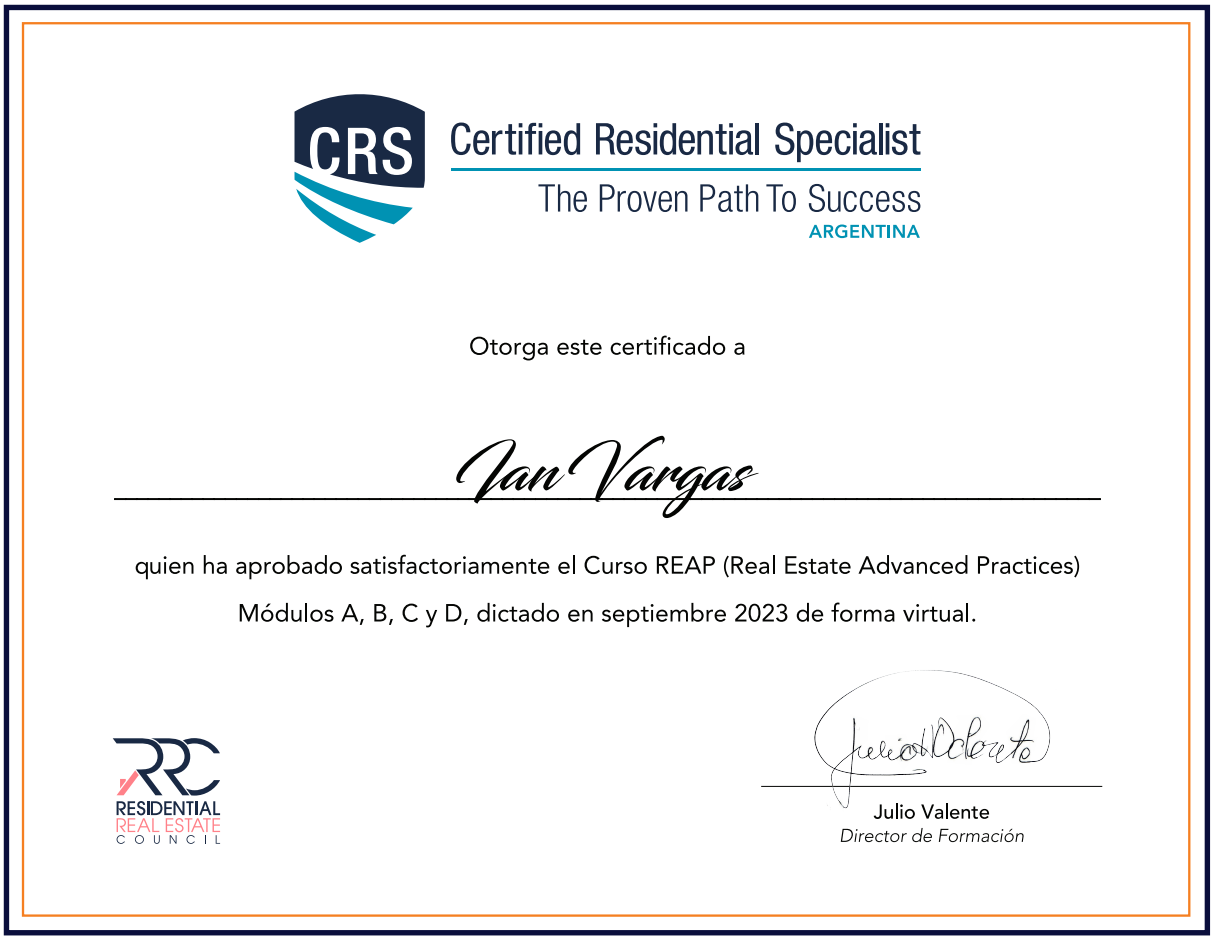 Certificado REAP de Ian Vargas Agente Inmobiliario