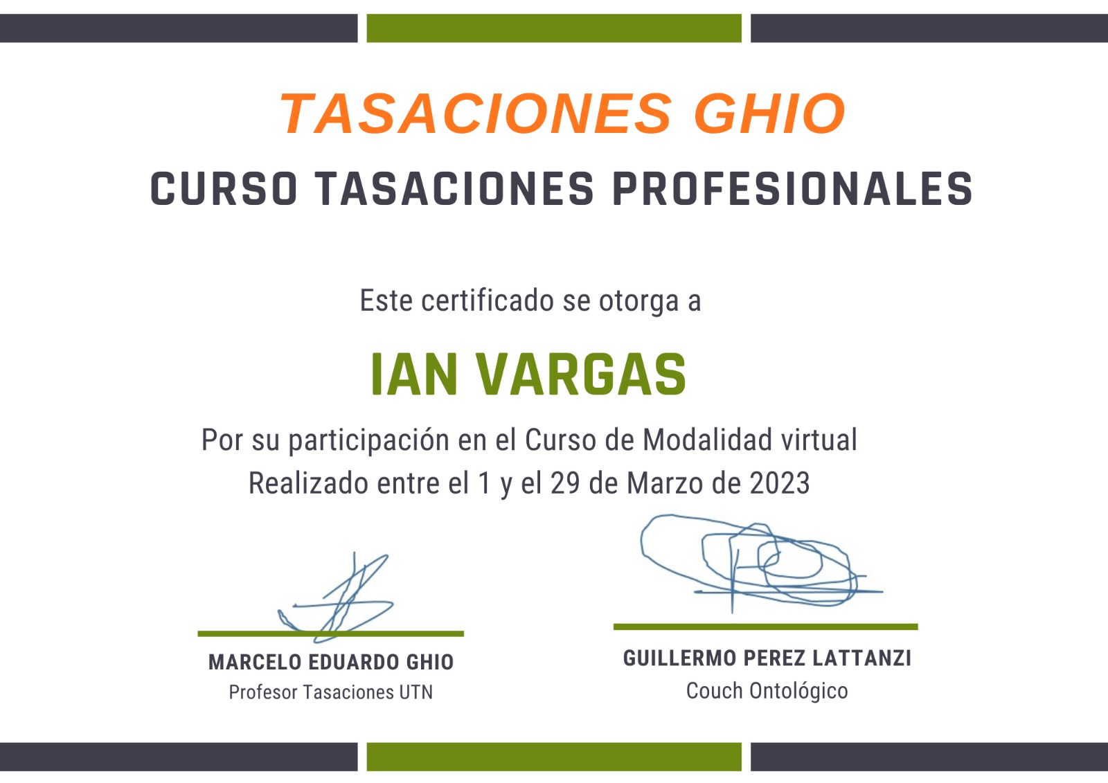 Certificado de Tasación Profesional Ian Vargas Corredor Inmobiliario